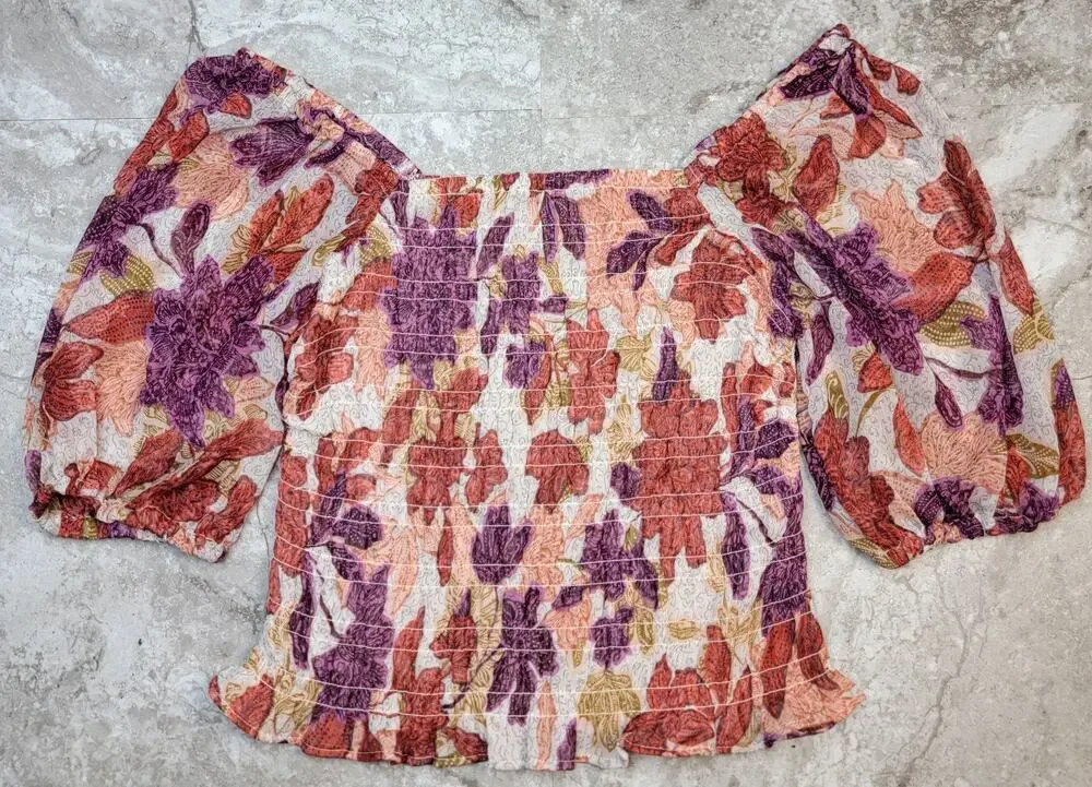Cottagecore Womens Sz M Tank Top Smock Puff Sleeve Colorful Floral Festival Boho